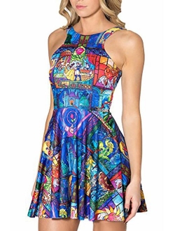 Women's Cartoon Printed Stretchy Sleeveless Pleated Fit and Flare Skater Dress