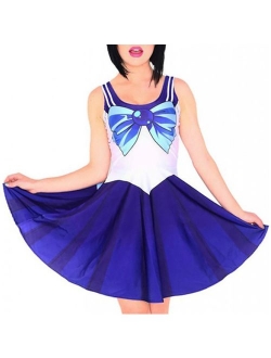 Women's Cartoon Printed Stretchy Sleeveless Pleated Fit and Flare Skater Dress