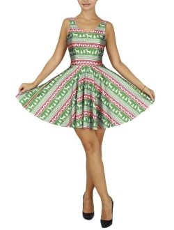 Women's Cartoon Printed Stretchy Sleeveless Pleated Fit and Flare Skater Dress