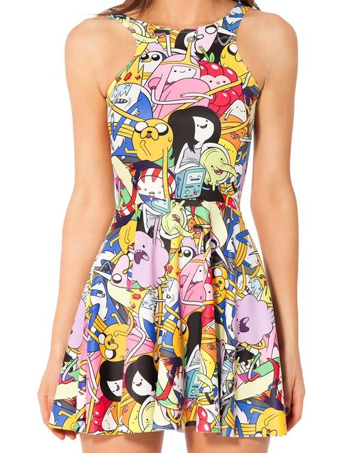 QZUnique Women's Cartoon Printed Stretchy Sleeveless Pleated Fit and Flare Skater Dress