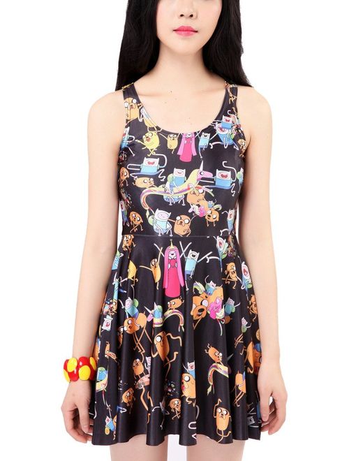 QZUnique Women's Cartoon Printed Stretchy Sleeveless Pleated Fit and Flare Skater Dress