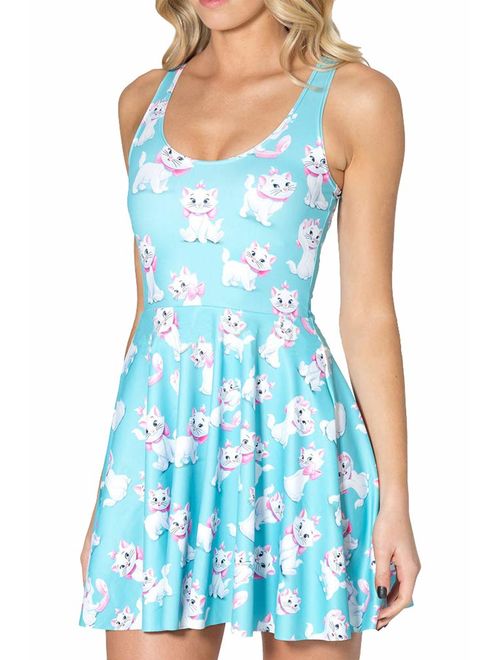 QZUnique Women's Cartoon Printed Stretchy Sleeveless Pleated Fit and Flare Skater Dress