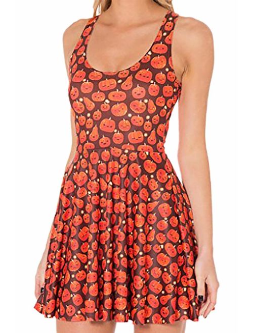 QZUnique Women's Cartoon Printed Stretchy Sleeveless Pleated Fit and Flare Skater Dress