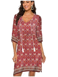 Halife Women's Vintage Ethnic Style Printed Tassel Tie Neck Loose Fit Bohemian Tunic Dress