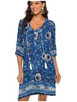 Halife Women's Vintage Ethnic Style Printed Tassel Tie Neck Loose Fit Bohemian Tunic Dress