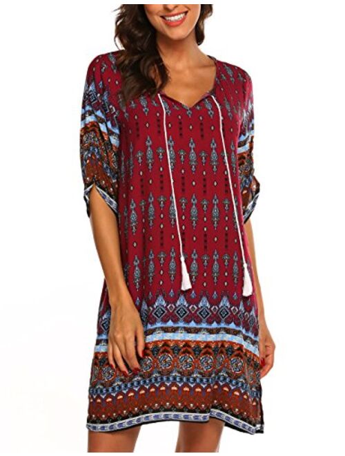 Halife Women's Vintage Ethnic Style Printed Tassel Tie Neck Loose Fit Bohemian Tunic Dress