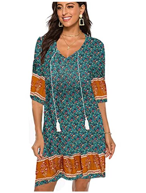 Halife Women's Vintage Ethnic Style Printed Tassel Tie Neck Loose Fit Bohemian Tunic Dress