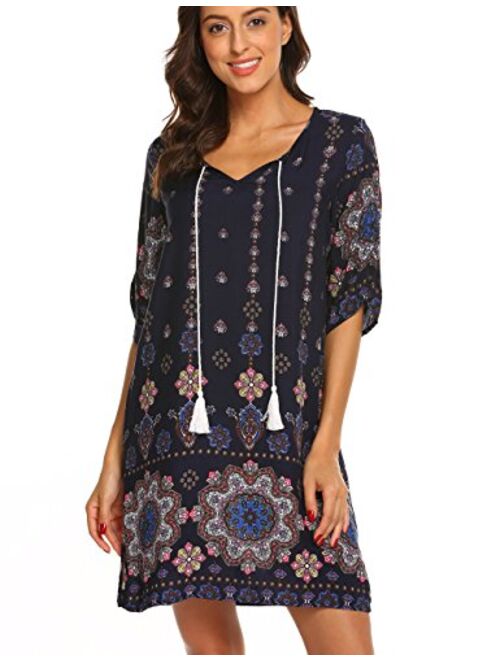 Halife Women's Vintage Ethnic Style Printed Tassel Tie Neck Loose Fit Bohemian Tunic Dress