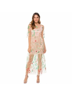 BaronHong Women's Floral Embroidered Tulle Prom Maxi Dress with Cami Dress 3/4 Sleeves