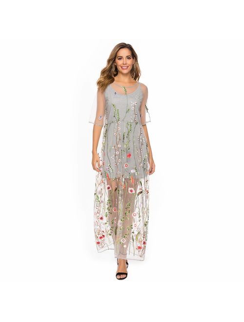 BaronHong Women's Floral Embroidered Tulle Prom Maxi Dress with Cami Dress 3/4 Sleeves