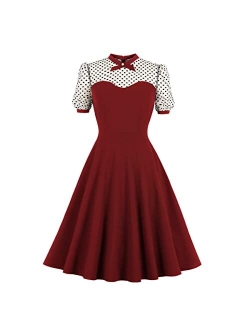 Wellwits Women's Polka Dots Embroidery Keyhole Tie Vintage Cocktail Dress