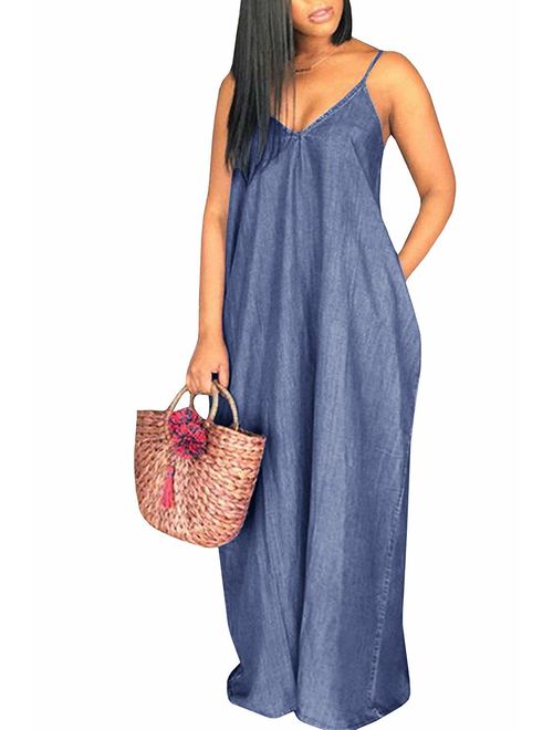 Chuanqi Womens Summer Spaghetti Strap Dresses Casual Denim Deep V Neck Loose Maxi Dress