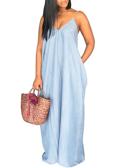 Chuanqi Womens Summer Spaghetti Strap Dresses Casual Denim Deep V Neck Loose Maxi Dress