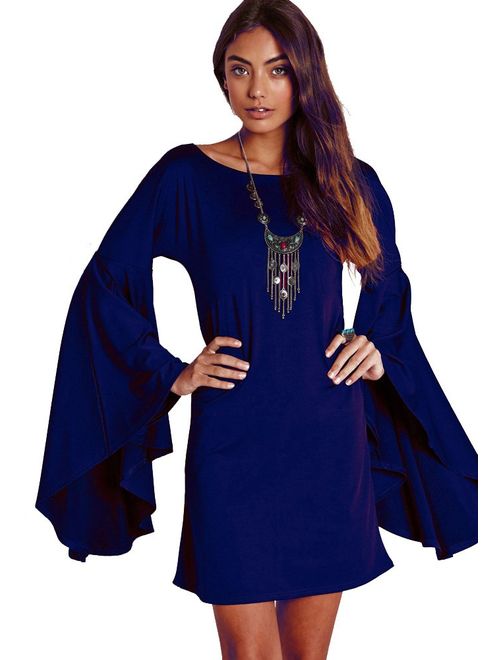 VIVICASLTE Women's USA Long Flare Bell Sleeve Blouse Mini Dress