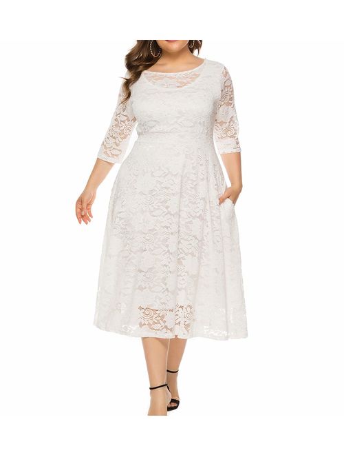 Eternatastic Womens Floral lace Plus Size Midi Dress Scooped Neckline Cocktail Party Dress