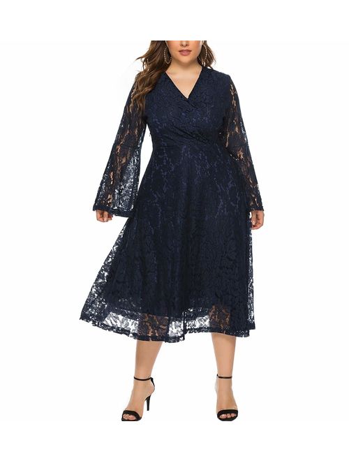 Eternatastic Womens Floral lace Plus Size Midi Dress Scooped Neckline Cocktail Party Dress