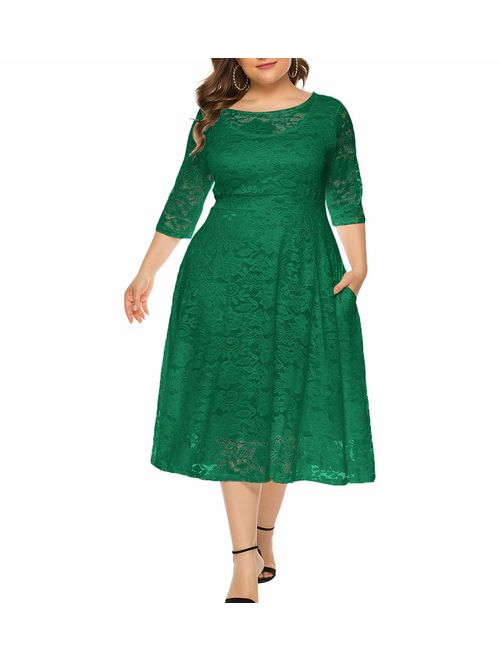 Eternatastic Womens Floral lace Plus Size Midi Dress Scooped Neckline Cocktail Party Dress