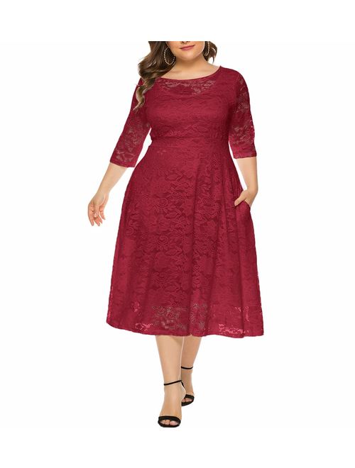 Eternatastic Womens Floral lace Plus Size Midi Dress Scooped Neckline Cocktail Party Dress