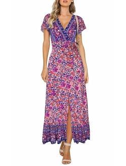 Yidarton Women's Summer Bohemian Wrap V Neck Floral Printed Short Sleeve Beach Casual Long Maxi Dresses