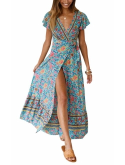 Yidarton Women's Summer Bohemian Wrap V Neck Floral Printed Short Sleeve Beach Casual Long Maxi Dresses