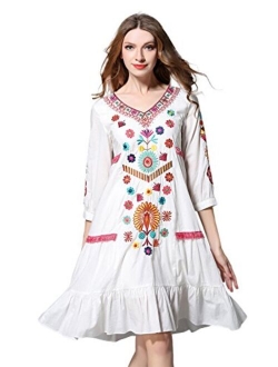 Shineflow Womens Casual 3/4 Sleeve Floral Embroidered Mexican Peasant Dressy Tops Blouses Shirt Dress Tunic