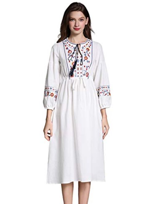 Shineflow Womens Casual 3/4 Sleeve Floral Embroidered Mexican Peasant Dressy Tops Blouses Shirt Dress Tunic