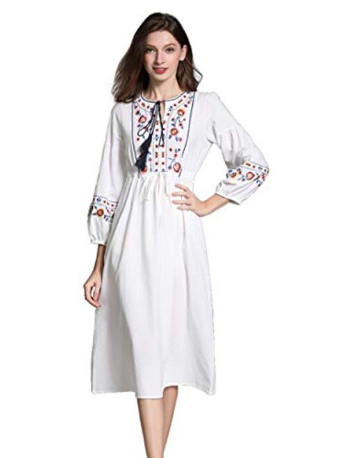 Shineflow Womens Casual 3/4 Sleeve Floral Embroidered Mexican Peasant Dressy Tops Blouses Shirt Dress Tunic