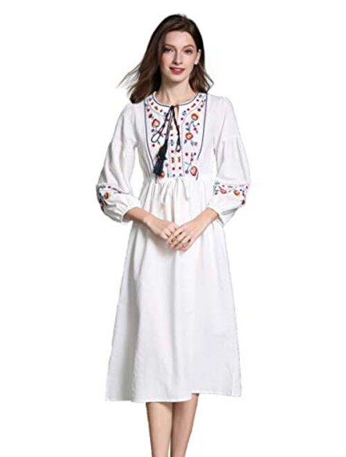 Shineflow Womens Casual 3/4 Sleeve Floral Embroidered Mexican Peasant Dressy Tops Blouses Shirt Dress Tunic