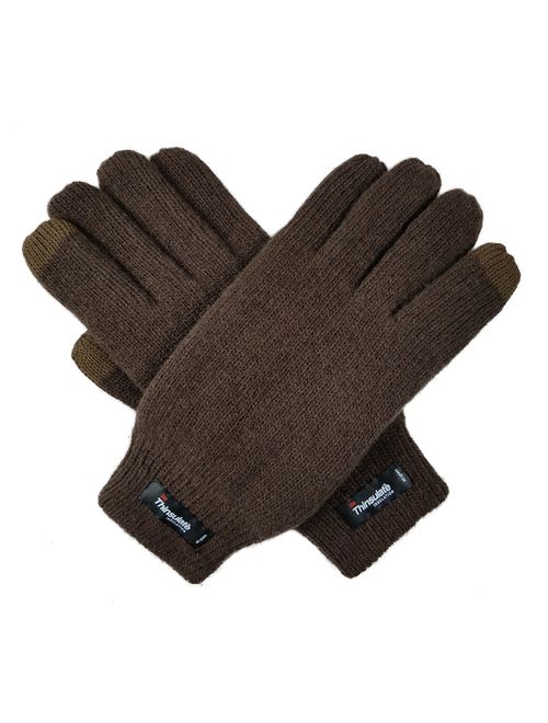 Bruceriver Men Pure Wool Knit Gloves with Thinsulate Lining and Elastic Rib Cuff