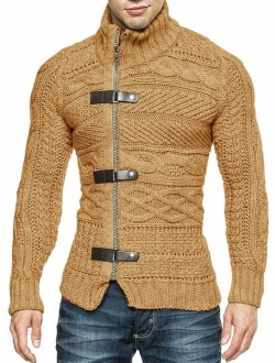 Karlywindow Men's Cable Knitted Oplique Zip Button Front Long Sleeve Cardigan Sweater