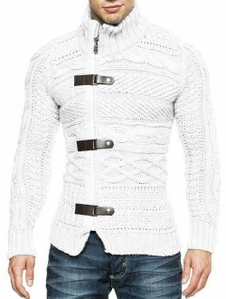 Karlywindow Men's Cable Knitted Oplique Zip Button Front Long Sleeve Cardigan Sweater