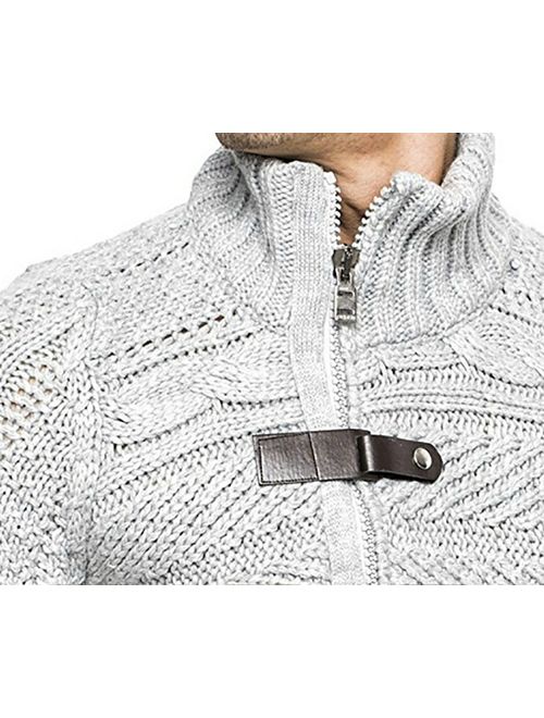 Karlywindow Men's Cable Knitted Oplique Zip Button Front Long Sleeve Cardigan Sweater