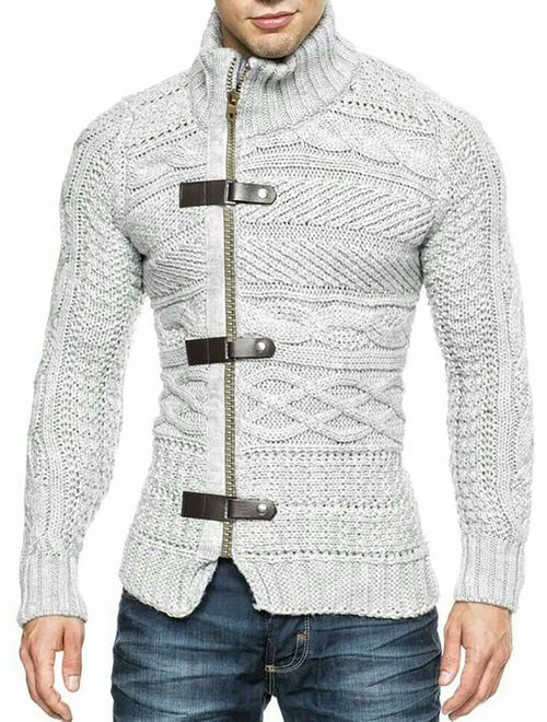 Karlywindow Men's Cable Knitted Oplique Zip Button Front Long Sleeve Cardigan Sweater