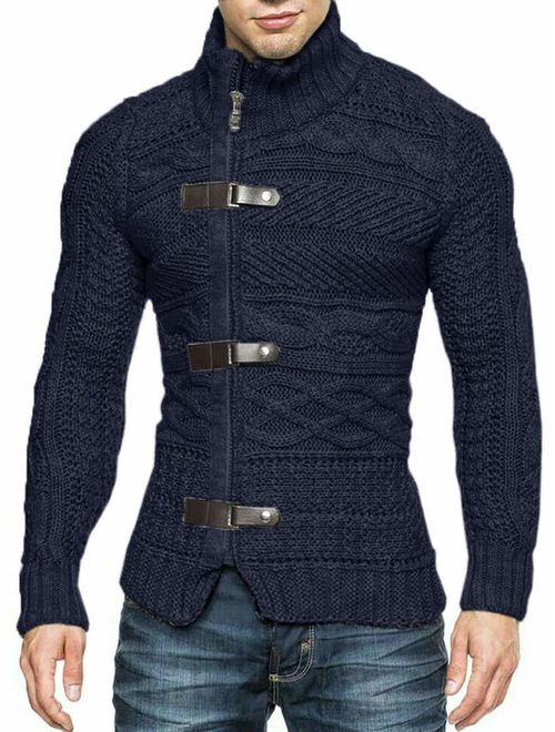 Karlywindow Men's Cable Knitted Oplique Zip Button Front Long Sleeve Cardigan Sweater