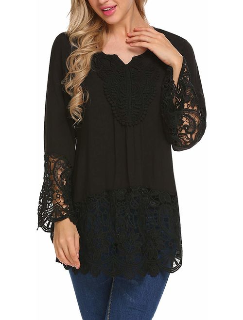 SoTeer Women's Casual Tops Lace Splice Flare Sleeve Flowy Loose Peplum Boho Blouse T-Shirt Tops S-XXL