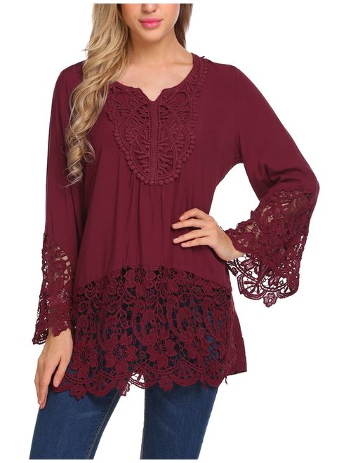 SoTeer Women's Casual Tops Lace Splice Flare Sleeve Flowy Loose Peplum Boho Blouse T-Shirt Tops S-XXL