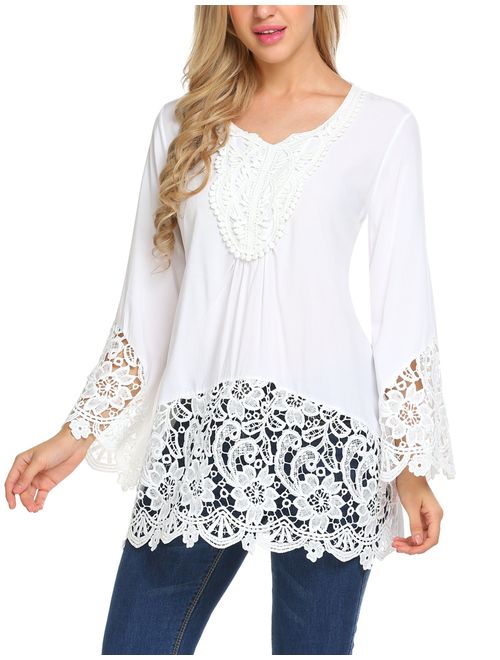 SoTeer Women's Casual Tops Lace Splice Flare Sleeve Flowy Loose Peplum Boho Blouse T-Shirt Tops S-XXL