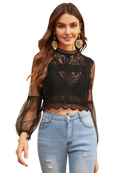 MakeMeChic Women's Scallop Trim Sexy Sheer Blouse Mesh See Through Lace Crop Top