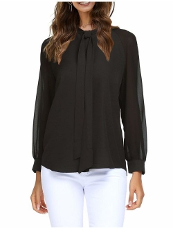 Women's Cuffed Long Sleeve Casual V Neck Chiffon Blouses Tops with Tie