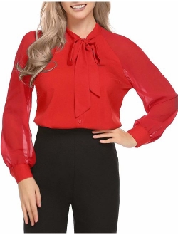 Women's Cuffed Long Sleeve Casual V Neck Chiffon Blouses Tops with Tie