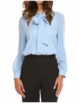 Women's Cuffed Long Sleeve Casual V Neck Chiffon Blouses Tops with Tie