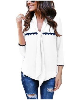 Women's Cuffed Long Sleeve Casual V Neck Chiffon Blouses Tops with Tie