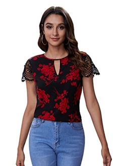 Women's Elegant Lace Short Sleeve Sexy Keyhole Blouse Shirt