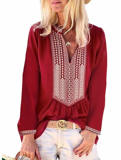 FARYSAYS Women's Boho Embroidered V Neck Long Sleeve Casual T-Shirt Tops Loose Blouse