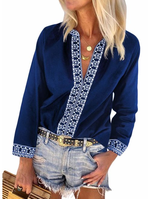 FARYSAYS Women's Boho Embroidered V Neck Long Sleeve Casual T-Shirt Tops Loose Blouse