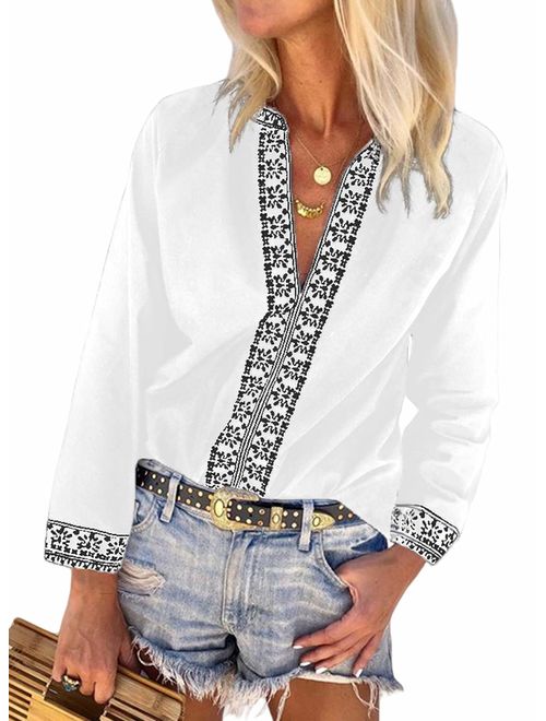 FARYSAYS Women's Boho Embroidered V Neck Long Sleeve Casual T-Shirt Tops Loose Blouse