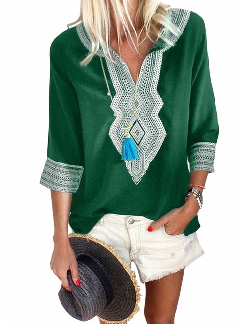 FARYSAYS Women's Boho Embroidered V Neck Long Sleeve Casual T-Shirt Tops Loose Blouse