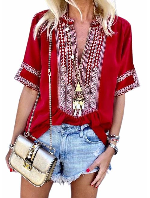 FARYSAYS Women's Boho Embroidered V Neck Long Sleeve Casual T-Shirt Tops Loose Blouse