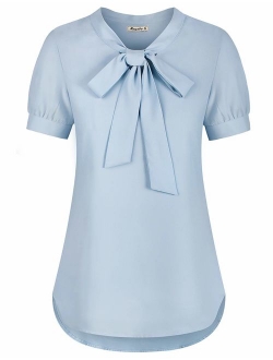 Moyabo Womens Bow Tie Neck Long/Short Sleeve Casual Office Chiffon Blouse Top