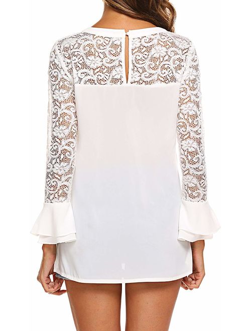 SoTeer Lace Top Women's 3/4 Ruffle Bell Sleeve Blouse Boatneck Chiffon Tops S-XXL